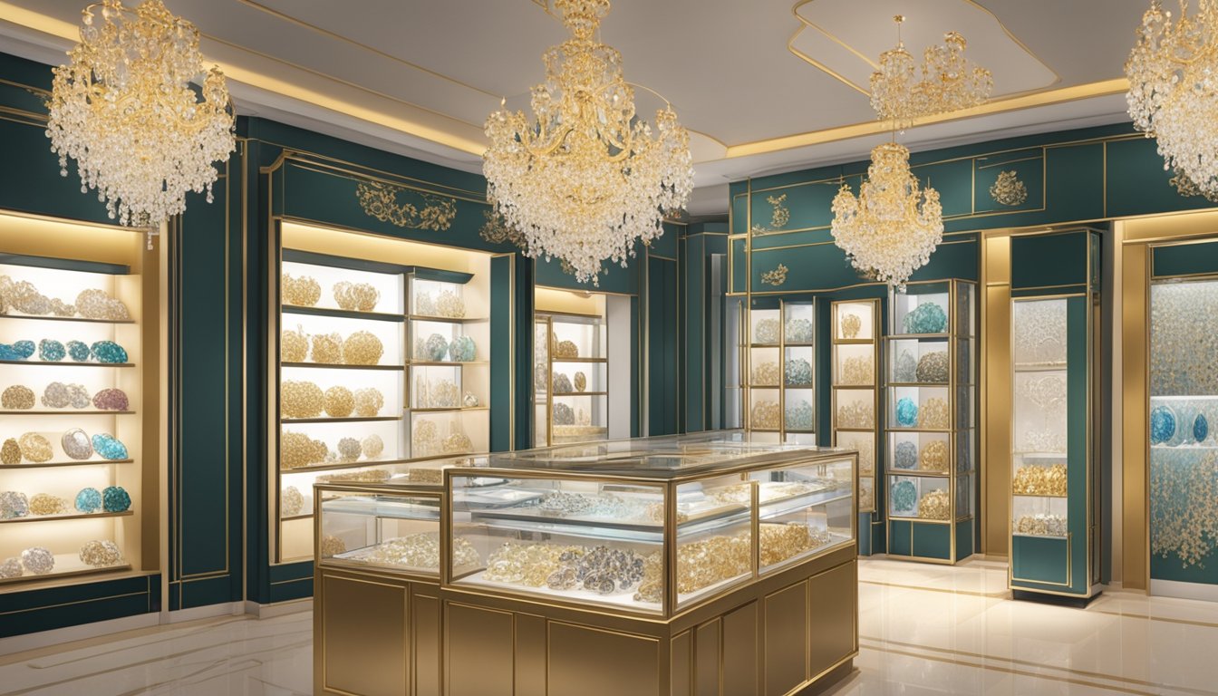 A display of elegant earrings in a Singaporean jewelry store. Shimmering gems and intricate designs catch the light