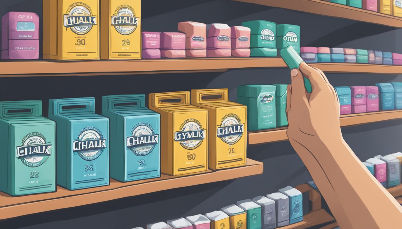 A hand reaches for a block of chalk on a shelf in a well-lit sports store. The packaging prominently displays the words "Gym Chalk" and "Singapore" in bold lettering