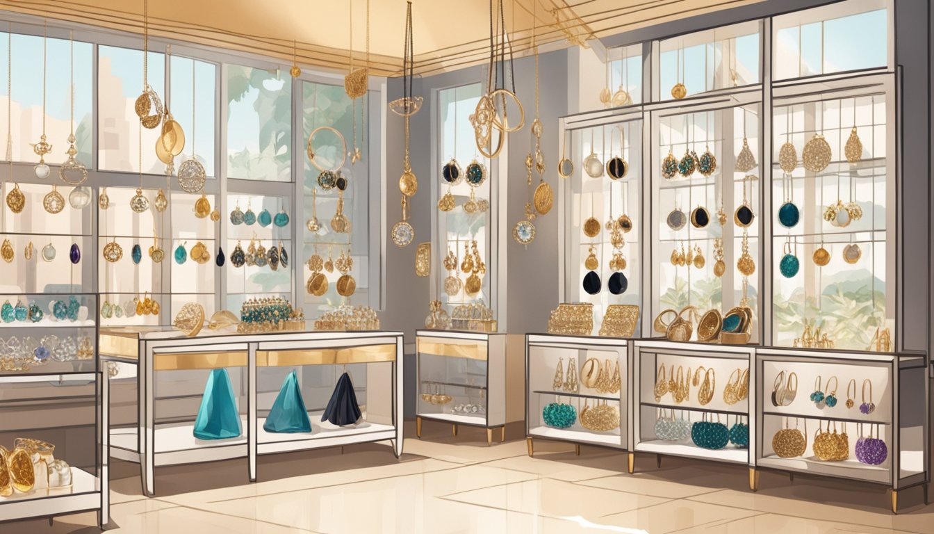 Various earrings on display, from studs to hoops, in a well-lit boutique setting