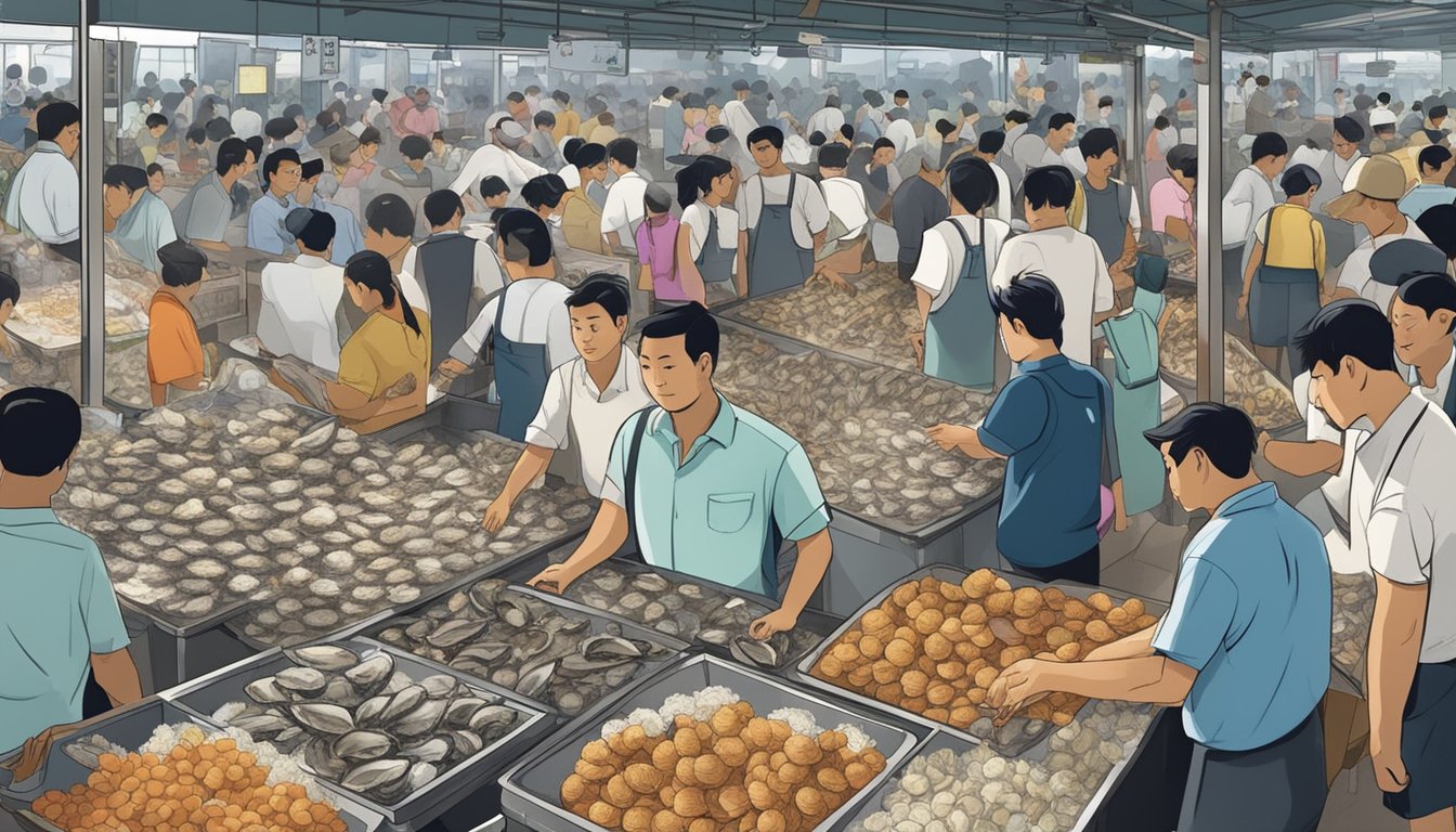 A bustling seafood market in Singapore, with vendors proudly displaying fresh oysters on ice, surrounded by eager customers