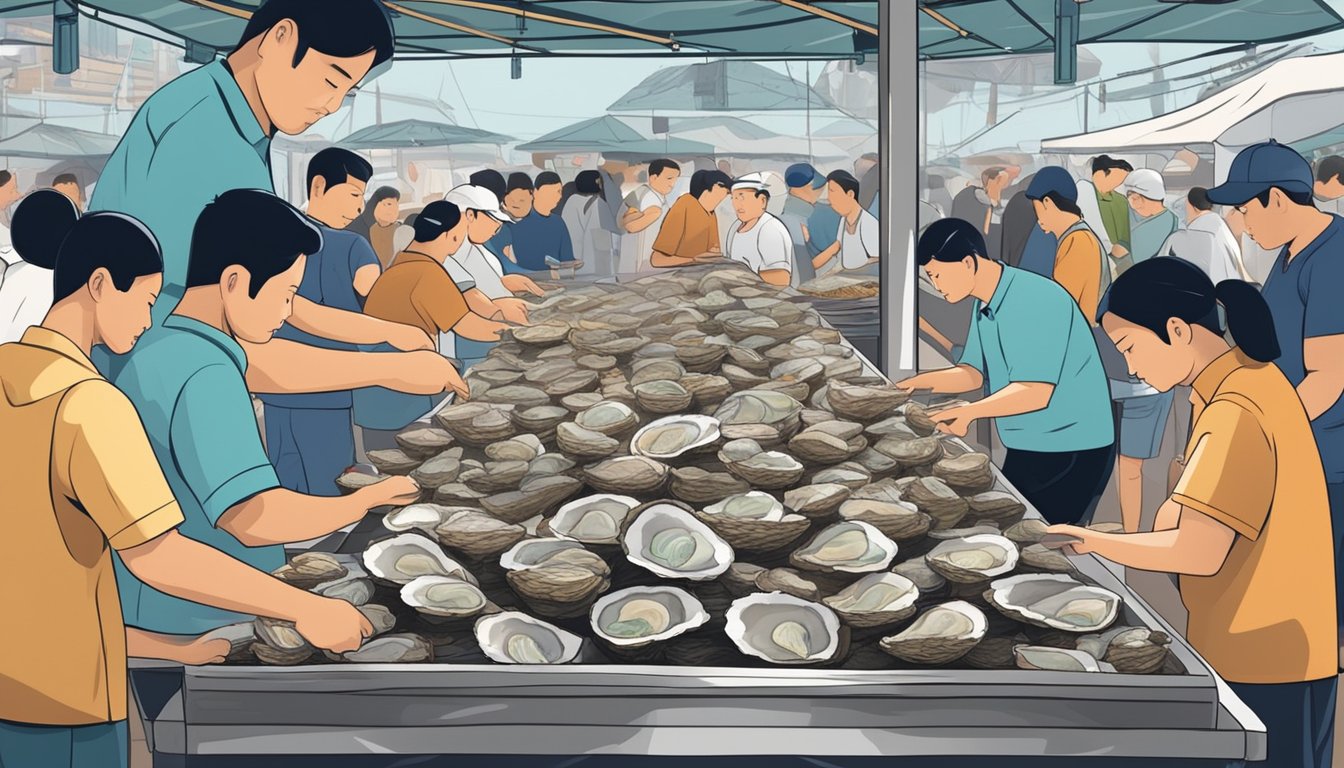 A bustling seafood market in Singapore displays fresh oysters on ice, with vendors eagerly tending to customers' requests