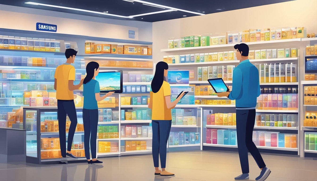 A bustling electronic store in Singapore displays Samsung tablets on sleek, modern shelves. Bright lights illuminate the latest models, while a salesperson assists a customer nearby