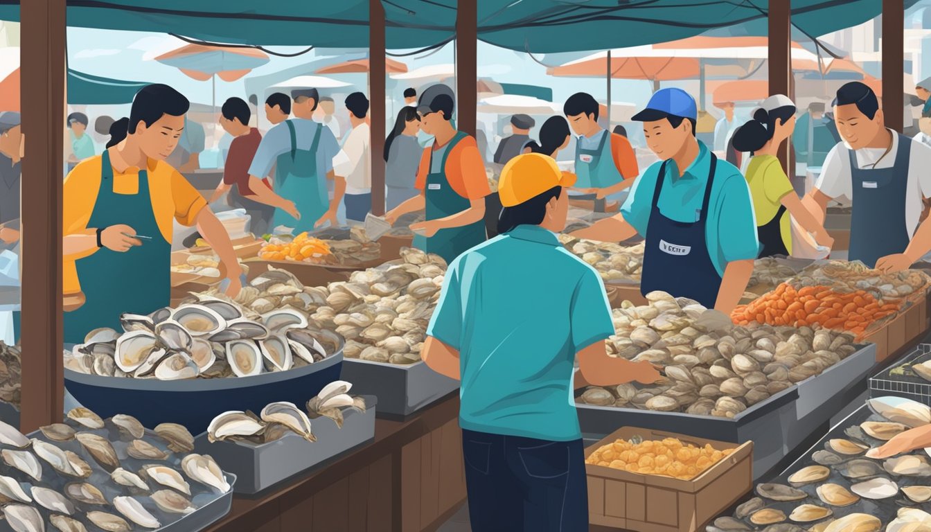 A bustling seafood market with vendors selling fresh oysters in Singapore. Customers inquire about oyster purchases at various stalls