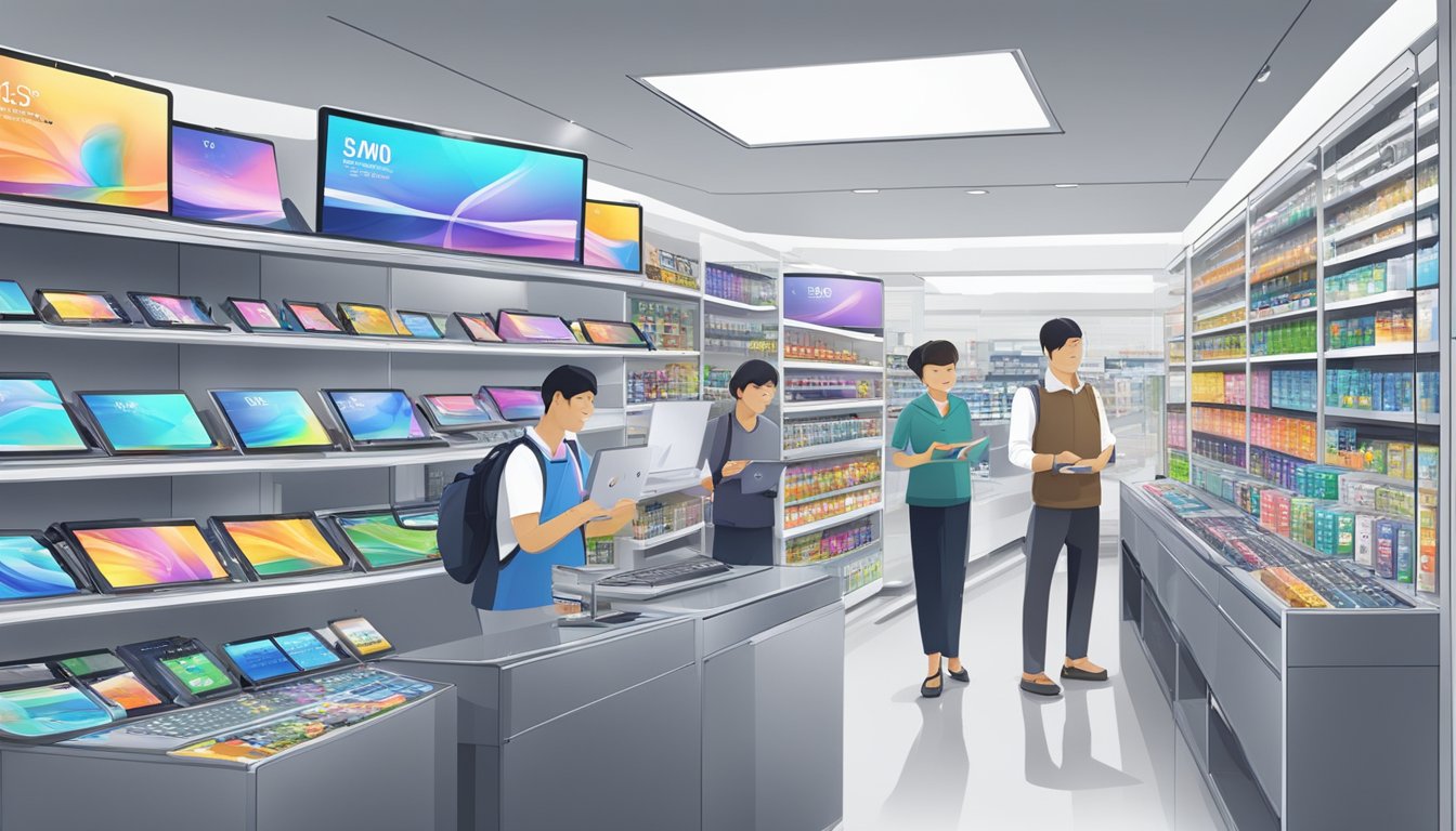 A bustling electronics store in Singapore showcases a variety of Samsung tablets on sleek display shelves, with knowledgeable staff assisting customers