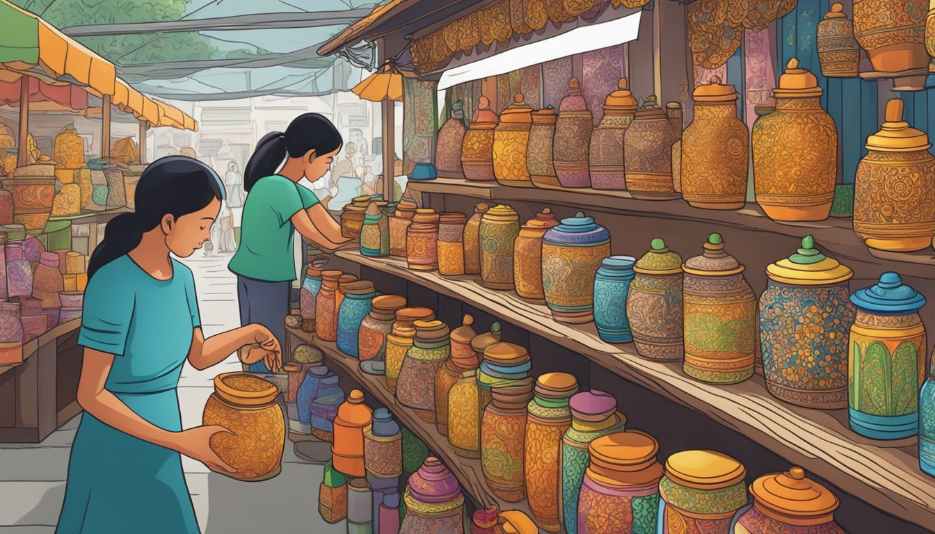 A bustling market stall in Singapore displays vibrant henna paste in ornate jars and tubes. Customers eagerly browse the selection, while the vendor expertly demonstrates its application