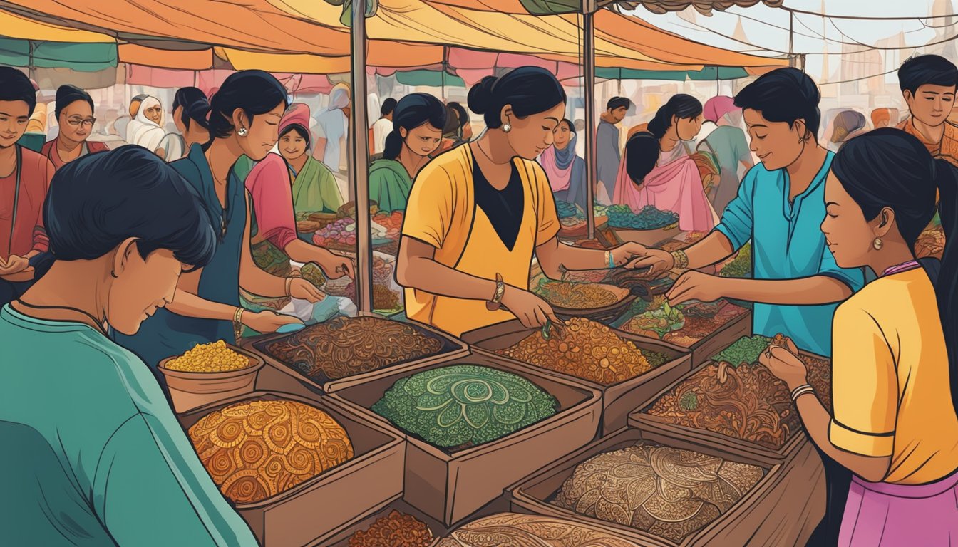 A bustling market stall in Singapore displays vibrant henna paste in intricate designs, with customers browsing and chatting with the vendor