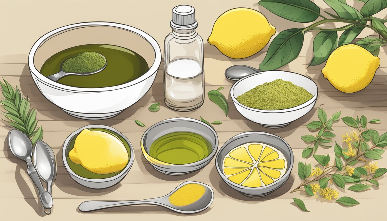 A table with bowls of henna powder, lemon juice, and essential oils. A spoon and mixing utensil sit nearby. Ingredients are ready for making henna paste