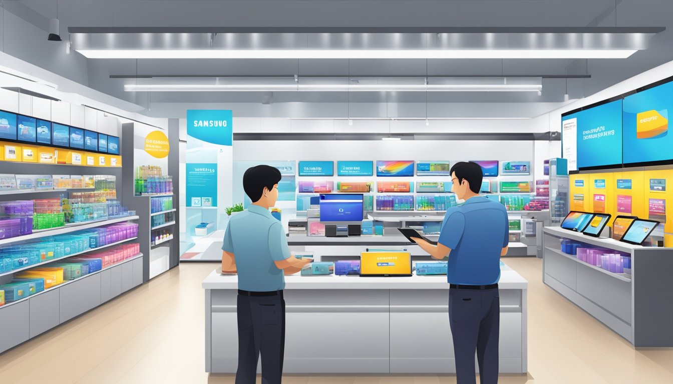 A bright and modern electronics store in Singapore displays a variety of Samsung tablets, with helpful staff ready to assist customers