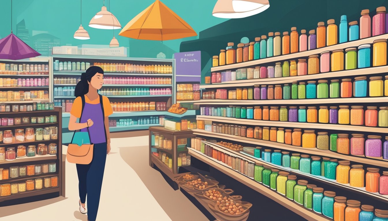 A display of henna paste tubes and jars in a Singaporean marketplace. Brightly colored packaging with clear labels. Shoppers browsing the selection