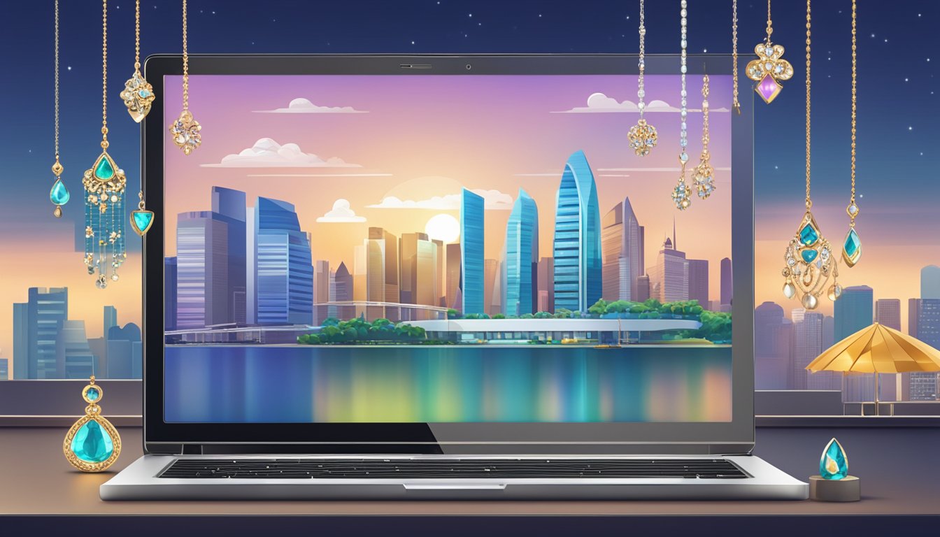 A laptop displaying a variety of elegant jewelry, with a secure payment page open, and a Singaporean skyline in the background