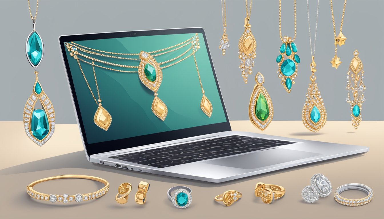 A laptop displaying a variety of elegant jewelry options on a sleek, modern website. A secure payment gateway and customer reviews add to the online shopping experience