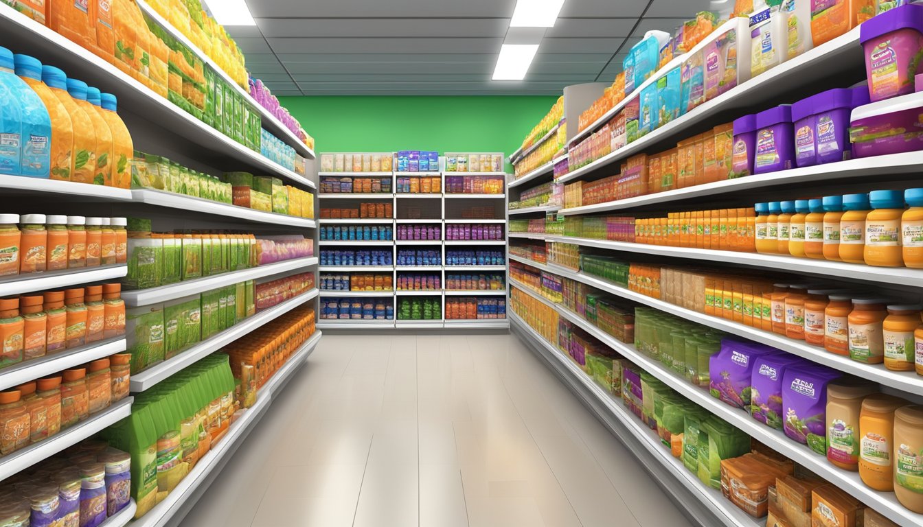 A variety of NOW Foods products displayed on shelves in a Singapore store, with colorful packaging and clear product labels