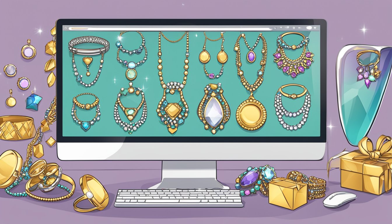 A computer screen displaying a variety of sparkling jewelry options, with a hand cursor hovering over a "buy now" button