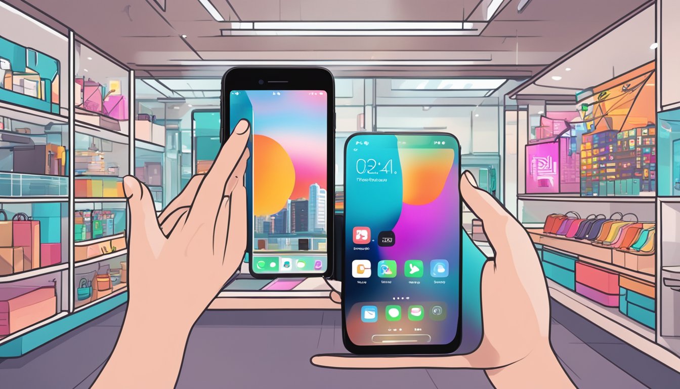 A hand holding an iPhone 8 with a vibrant screen, surrounded by accessories and a sleek store interior, with a prominent "Where to buy iPhone 8 in Singapore" sign