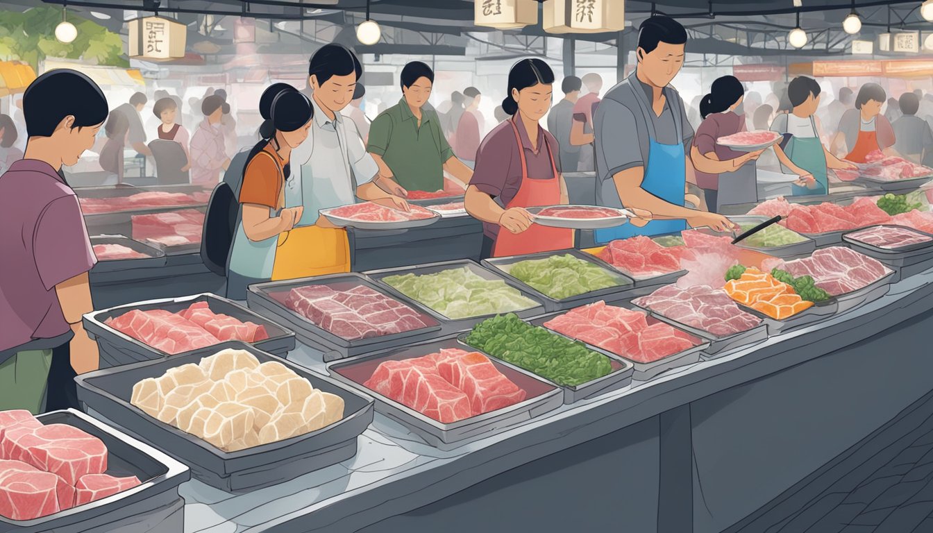 A bustling market stall displays fresh shabu shabu beef in Singapore. The vendor arranges the marbled cuts on ice, while customers eagerly select their preferred portions
