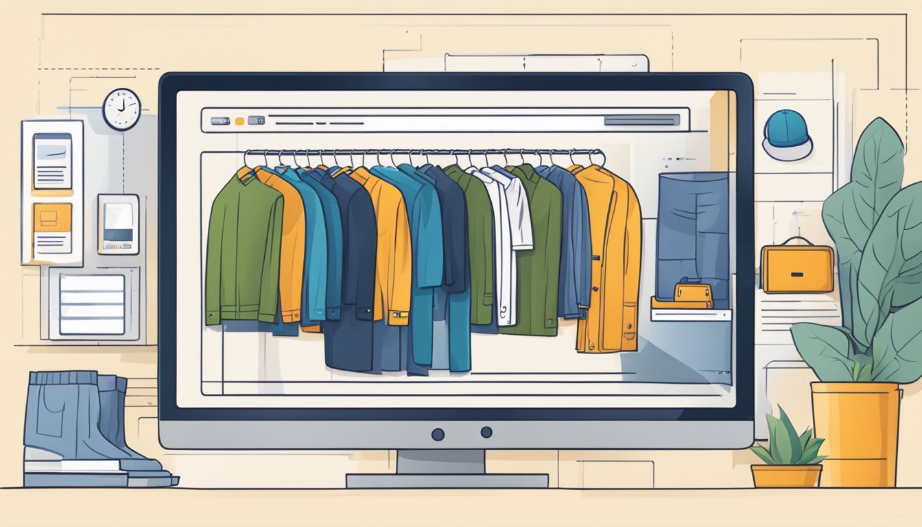 A computer screen displaying a variety of men's clothing options, with a secure online checkout process and multiple payment options