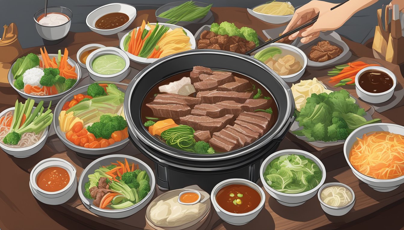 A sizzling hot pot of premium Shabu Shabu beef, surrounded by fresh vegetables and savory dipping sauces, awaits eager diners in a bustling Singapore market