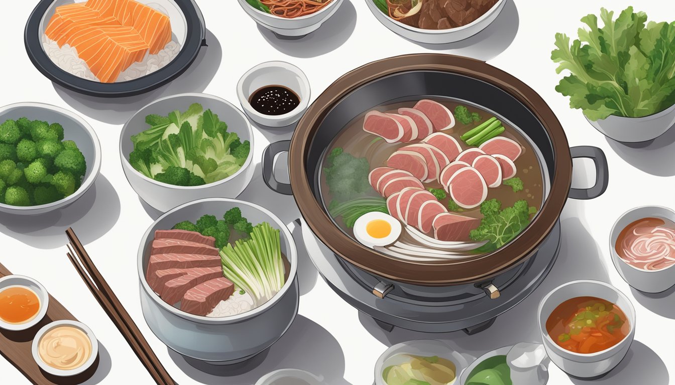 A steaming pot of shabu shabu broth surrounded by thinly sliced beef, fresh vegetables, and dipping sauces on a sleek tabletop