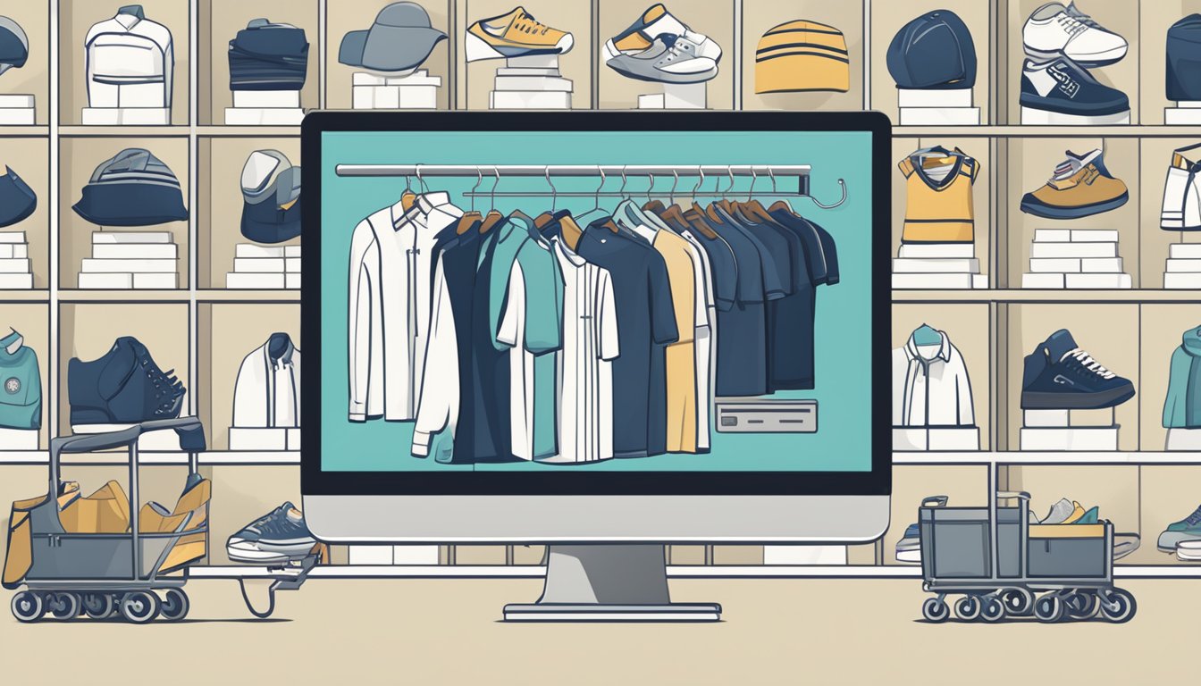 A computer screen displaying various men's clothing items with a shopping cart icon and "Add to Cart" buttons. Brand logos and product details visible