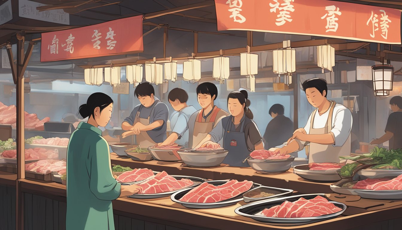 A bustling market stall displays various cuts of shabu shabu beef, with a sign prominently listing the prices and origin. Customers eagerly inquire about the quality and availability of the meat