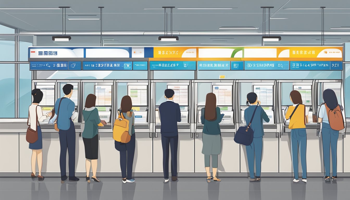 Passengers purchase Shinkansen tickets at a ticket counter in Singapore, choosing from various ticket types for their journey