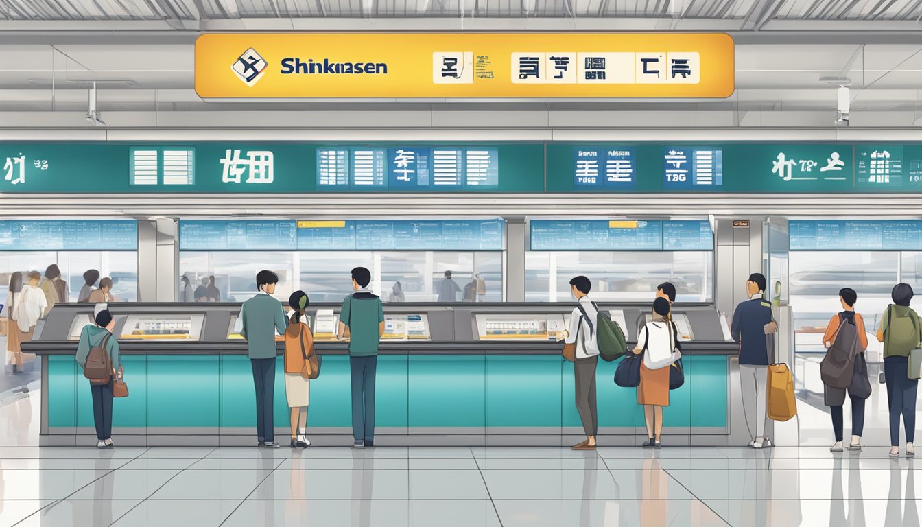 A customer service counter with a sign reading "Shinkansen Tickets" in a bustling Singapore train station