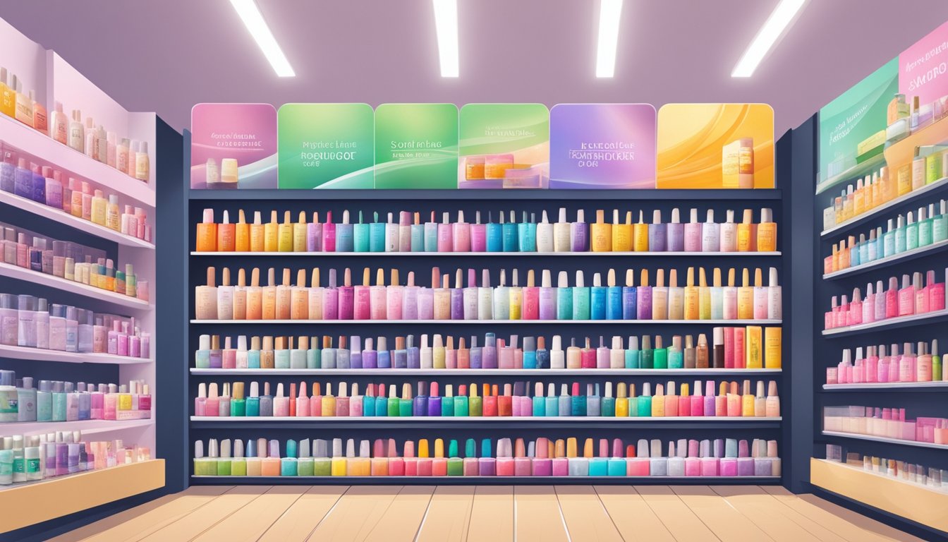 A shelf of nail care products in a Singaporean store, prominently displaying various brands of nail glue for purchase