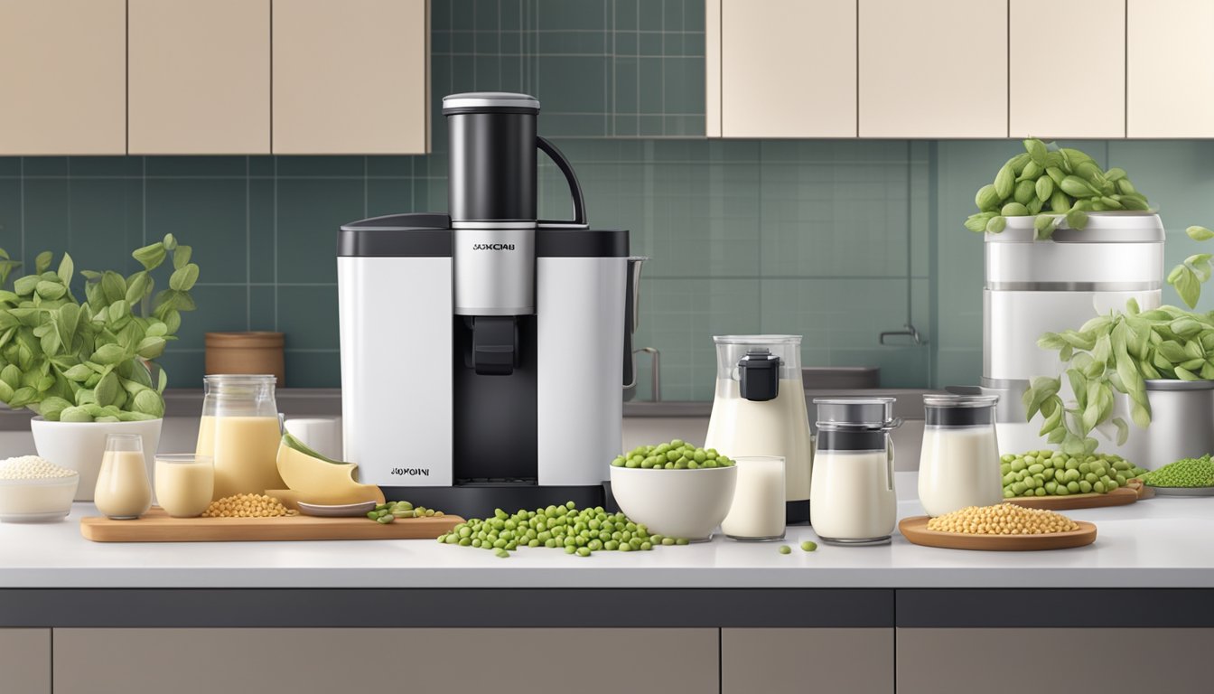 A modern kitchen with a sleek, Joyoung soy milk maker on the countertop, surrounded by fresh soybeans and a variety of soy milk flavors on display