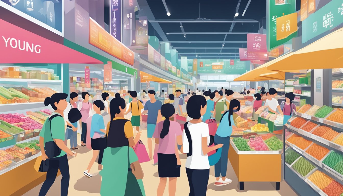 A bustling Singapore market with a prominent display of Joyoung products, surrounded by curious shoppers seeking information
