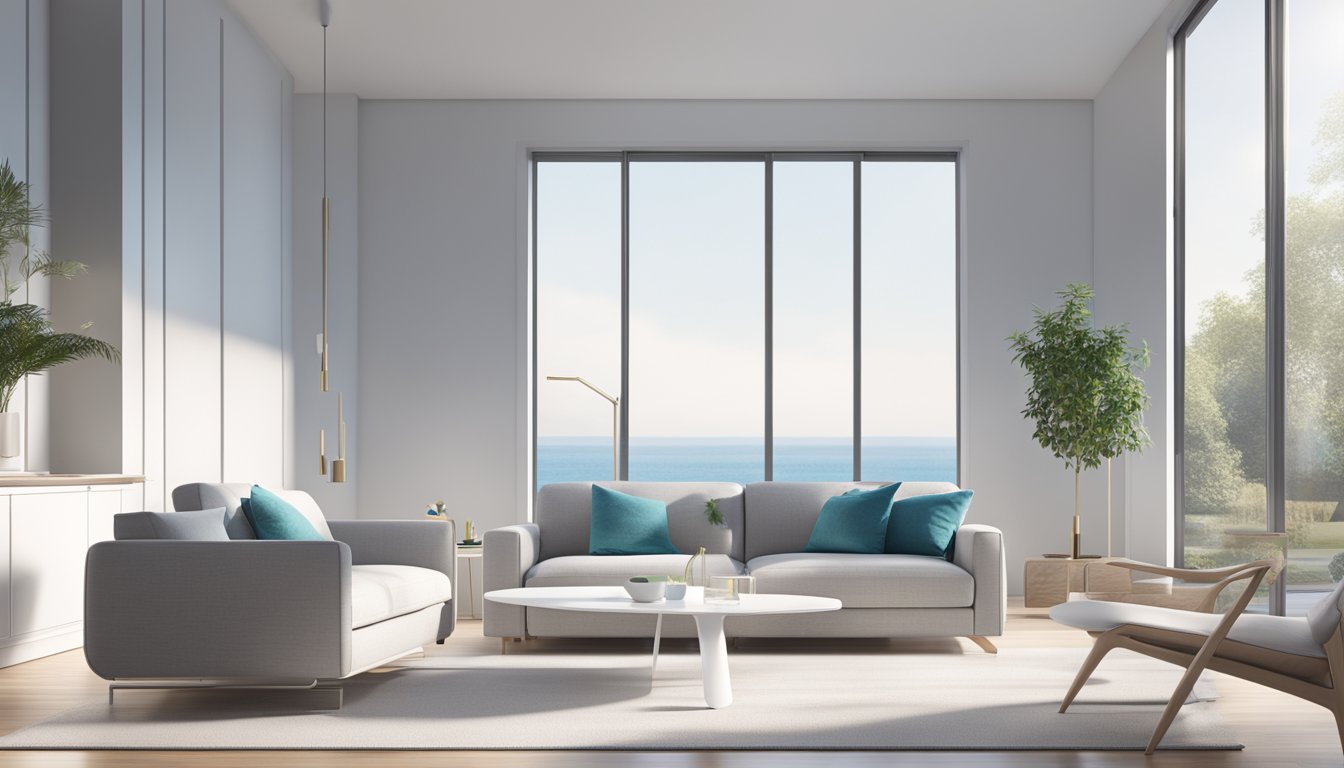 A modern living room with a novita air purifier placed on a sleek, white table. The purifier features are highlighted in the foreground, with a window in the background showing a clear blue sky