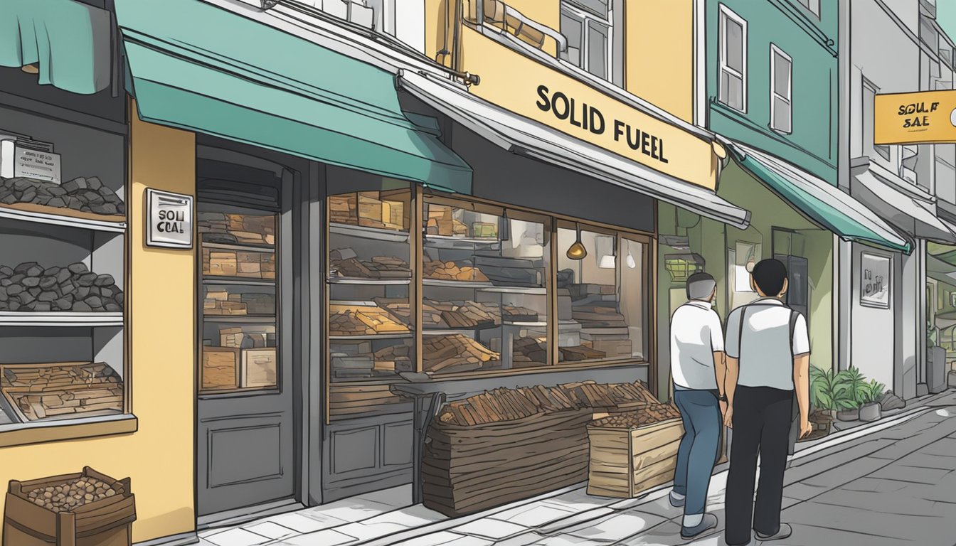 A shop sign reads "Solid Fuel for Sale" in Singapore. Customers browse the display of coal, wood, and charcoal