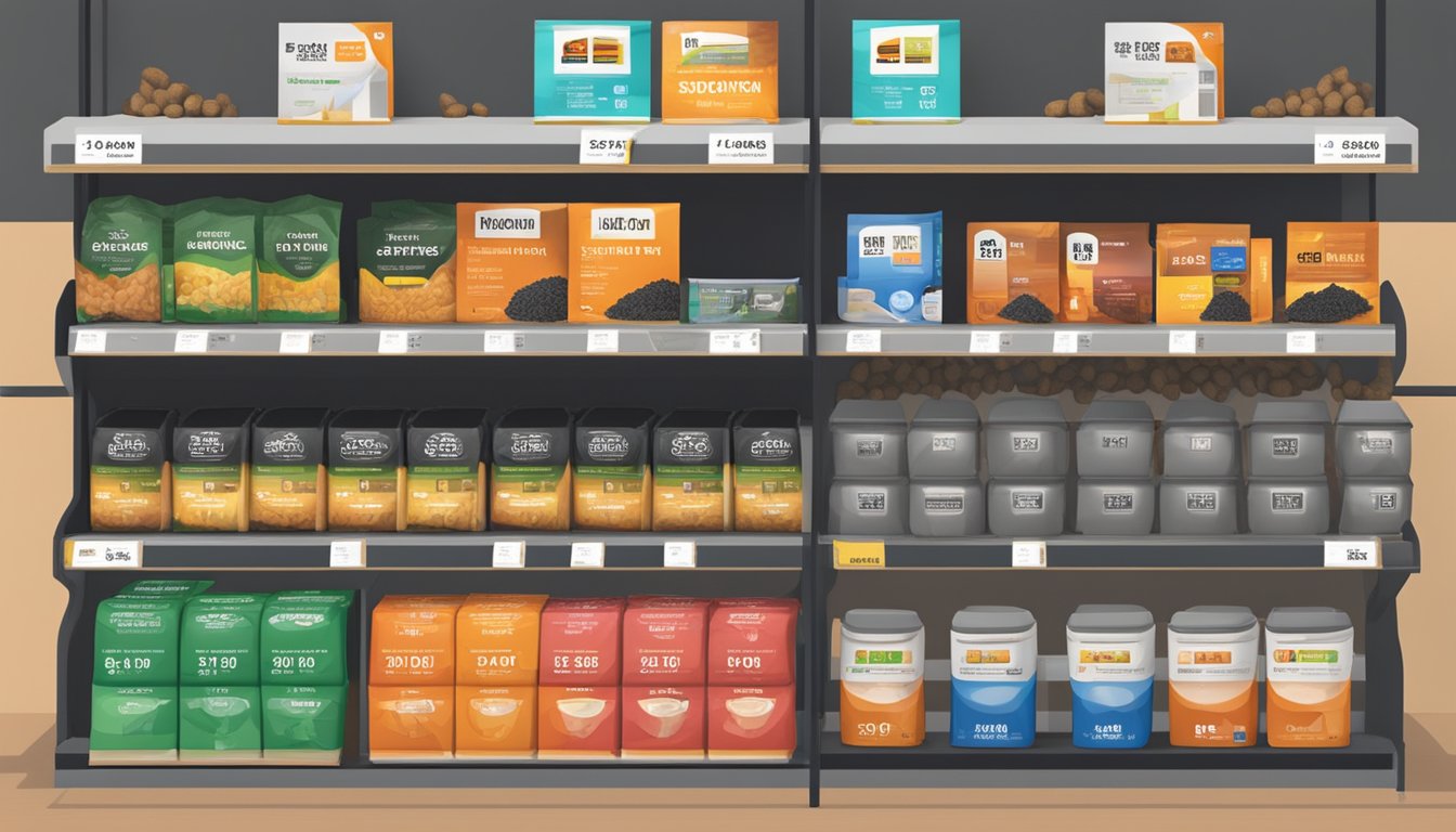 A display of solid fuel options in a Singaporean store, including coal and wood pellets, with price tags and product information