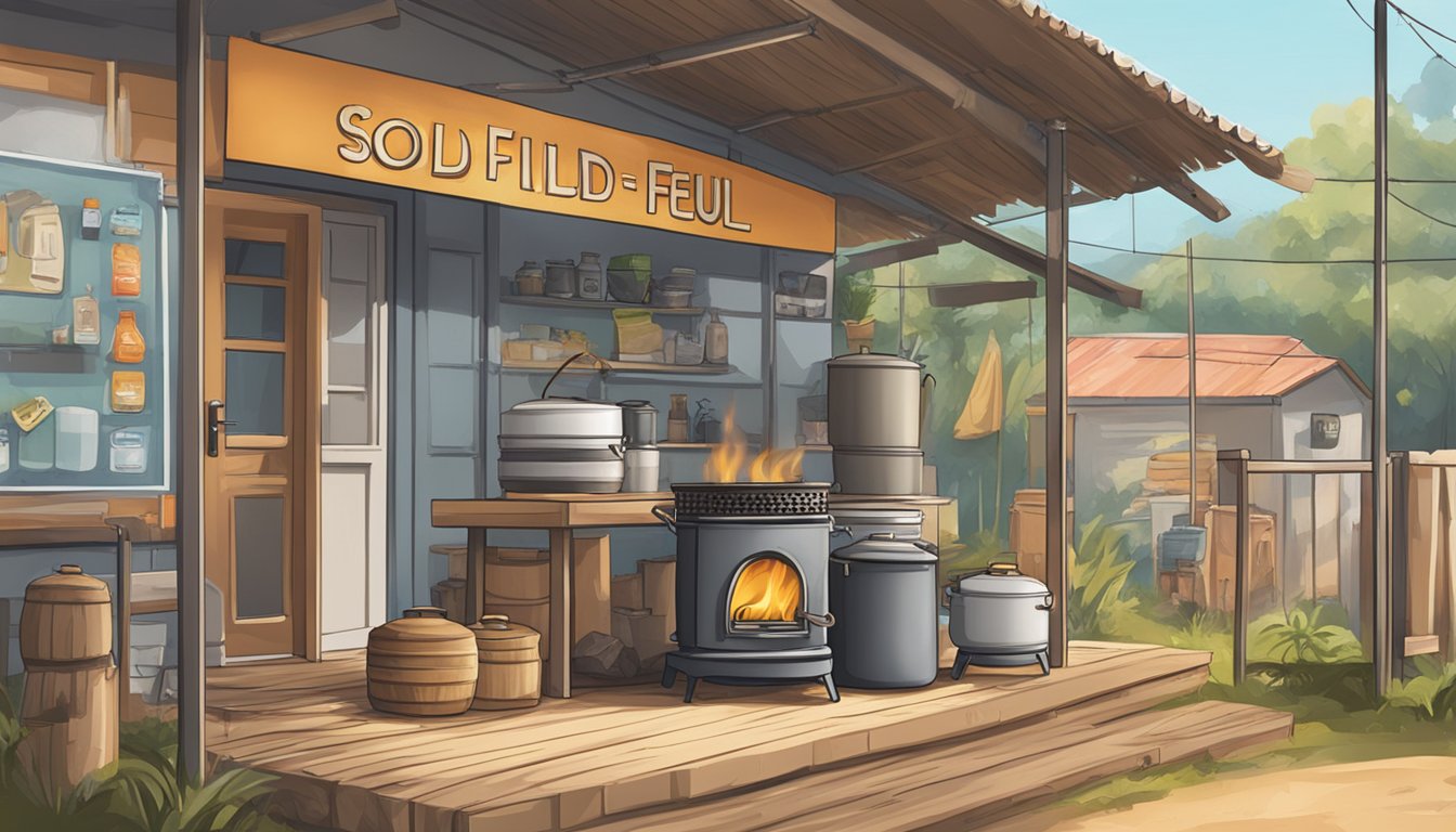 Outdoor scene with a camping stove using solid fuel. A store sign in Singapore indicates where to buy solid fuel