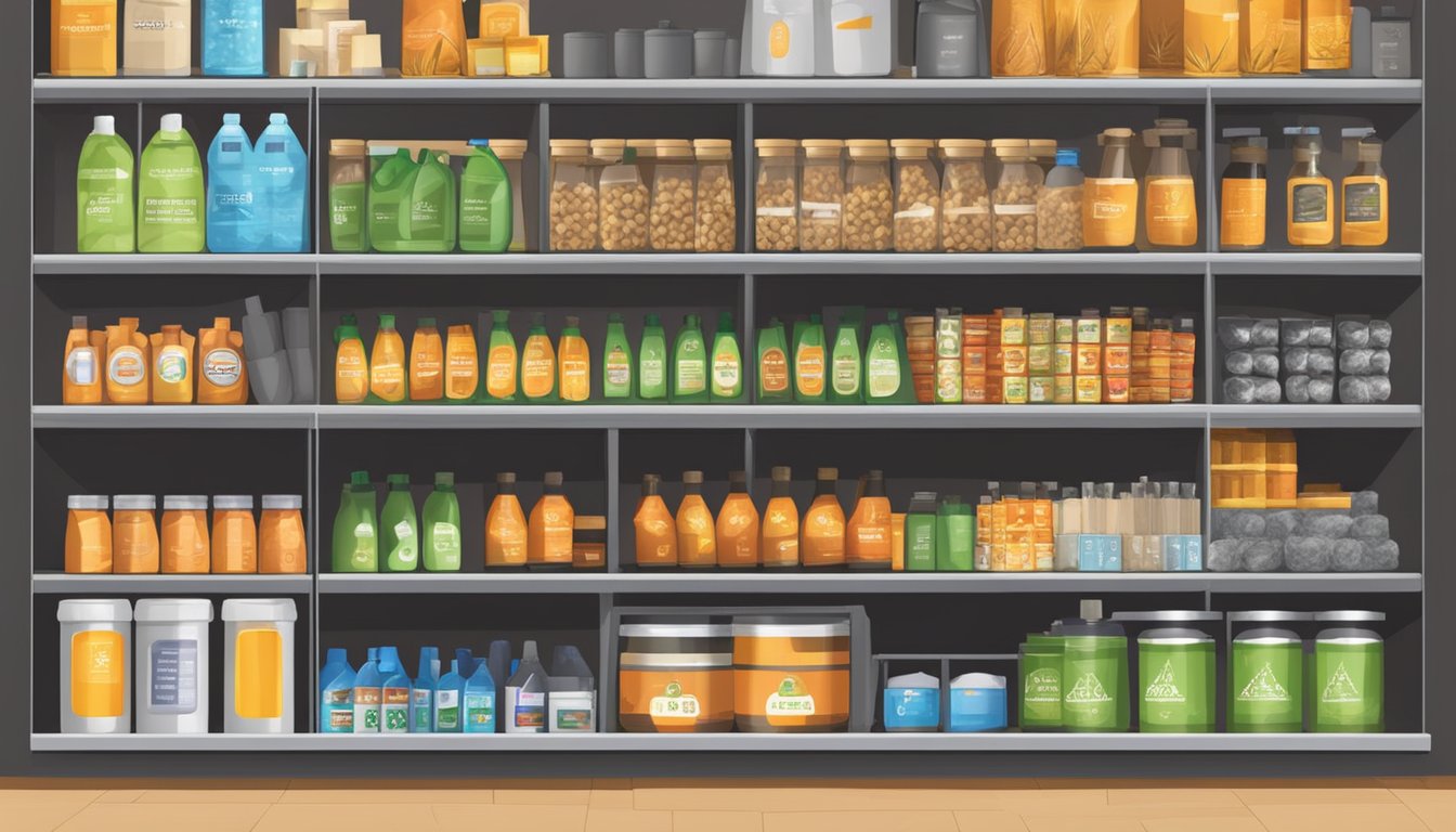 A store shelf stocked with various types of solid fuel, with a sign indicating "Frequently Asked Questions: Where to buy solid fuel in Singapore."