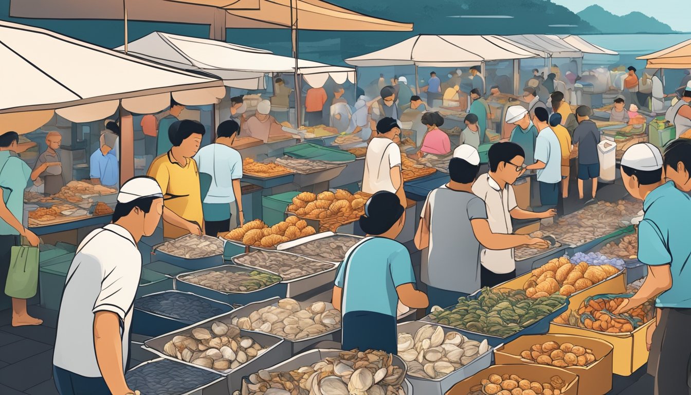A bustling seafood market in Singapore, with colorful stalls and vendors selling fresh oysters. Customers browse and purchase the shellfish, while the aroma of the sea fills the air