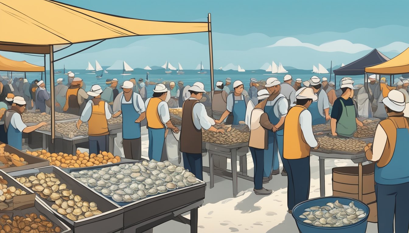 A bustling market with rows of fresh oysters on ice, vendors shucking and selling to eager customers, the aroma of the sea filling the air