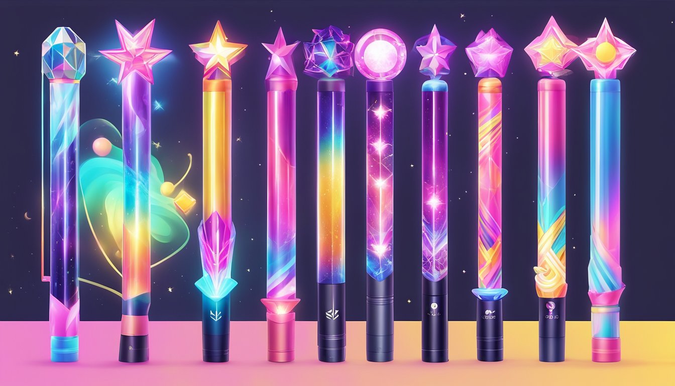 A colorful array of official Kpop lightsticks displayed online, ready for purchase. Bright, vibrant designs and logos from various Kpop groups