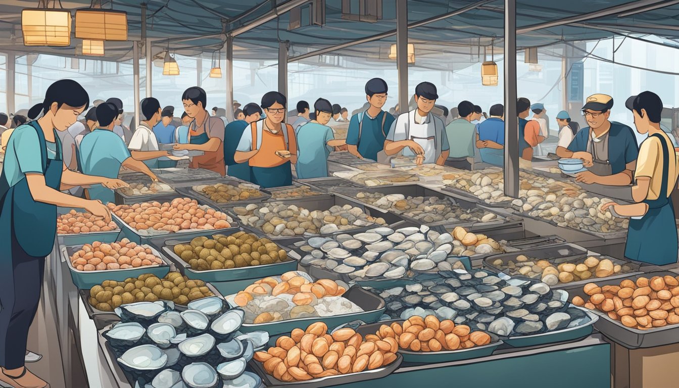 A bustling seafood market in Singapore, with vendors proudly displaying rows of fresh oysters on ice, ready for eager customers to select and enjoy
