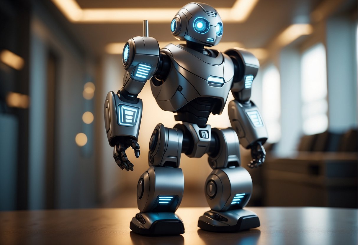 A sleek, futuristic bot hovers in a clean, well-lit room. Its metallic body reflects the soft glow of the room's lighting, while its sensors and components hum with activity