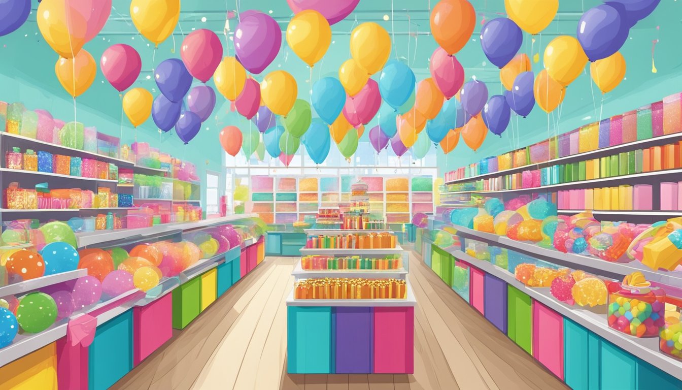 A colorful party supply store in Singapore, with shelves stocked with balloons, streamers, and banners. Customers browse aisles filled with festive decorations