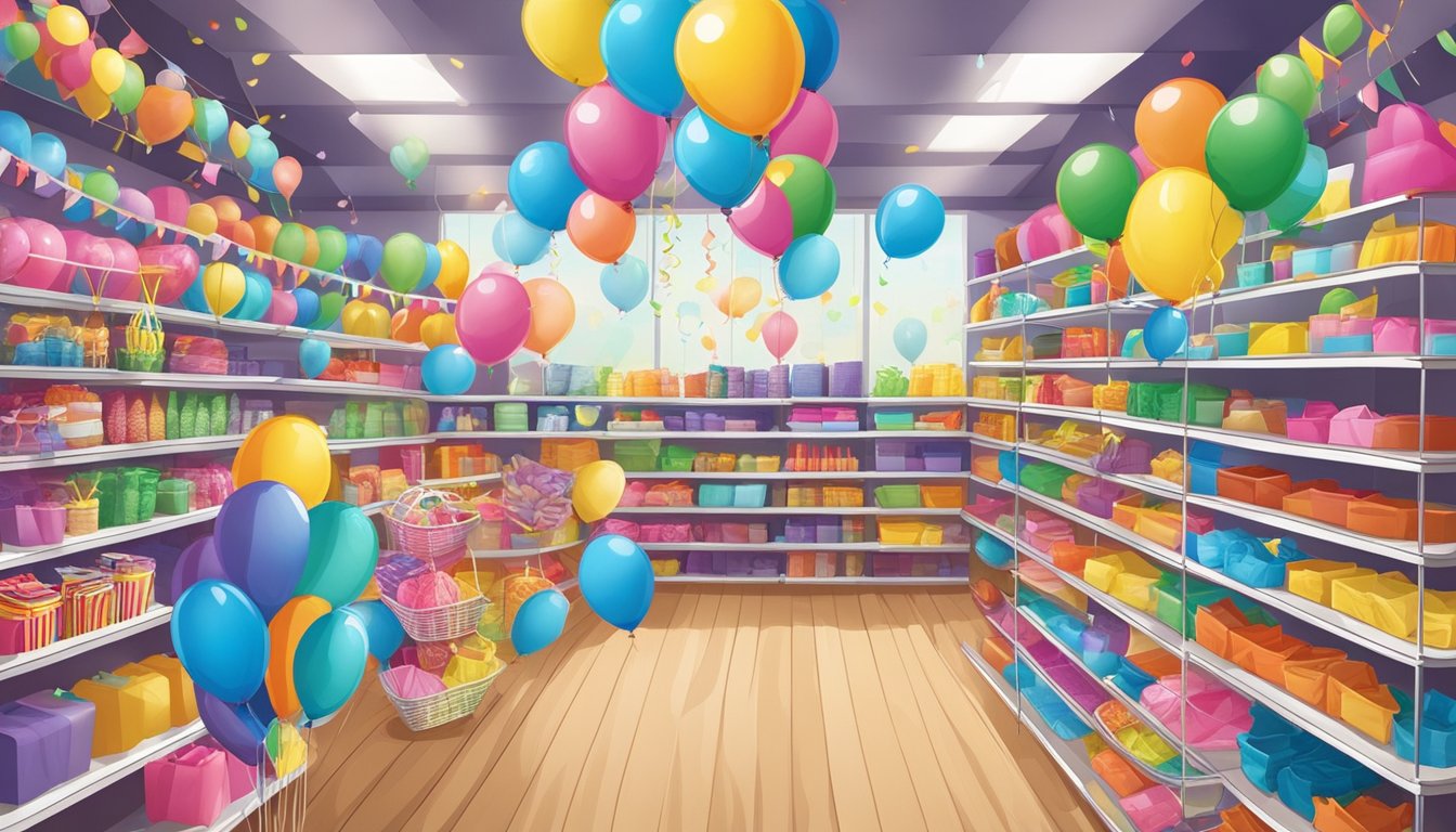 A colorful display of party supplies lines the shelves of a store in Singapore, featuring balloons, streamers, and themed decorations