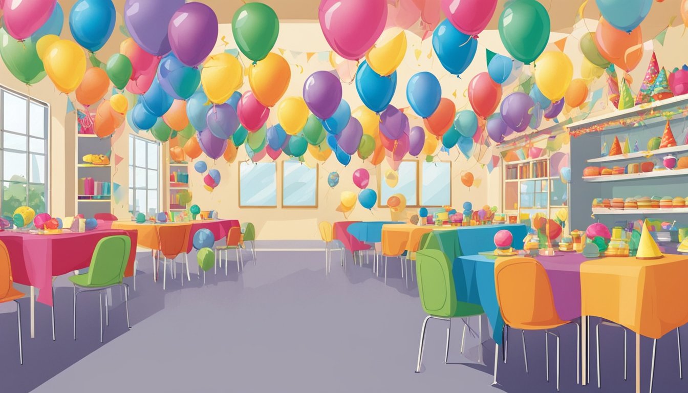 Colorful balloons, streamers, and banners adorn the walls and ceiling. Tables are stocked with themed plates, cups, and cutlery. Shelves display a variety of party supplies, from confetti to party hats
