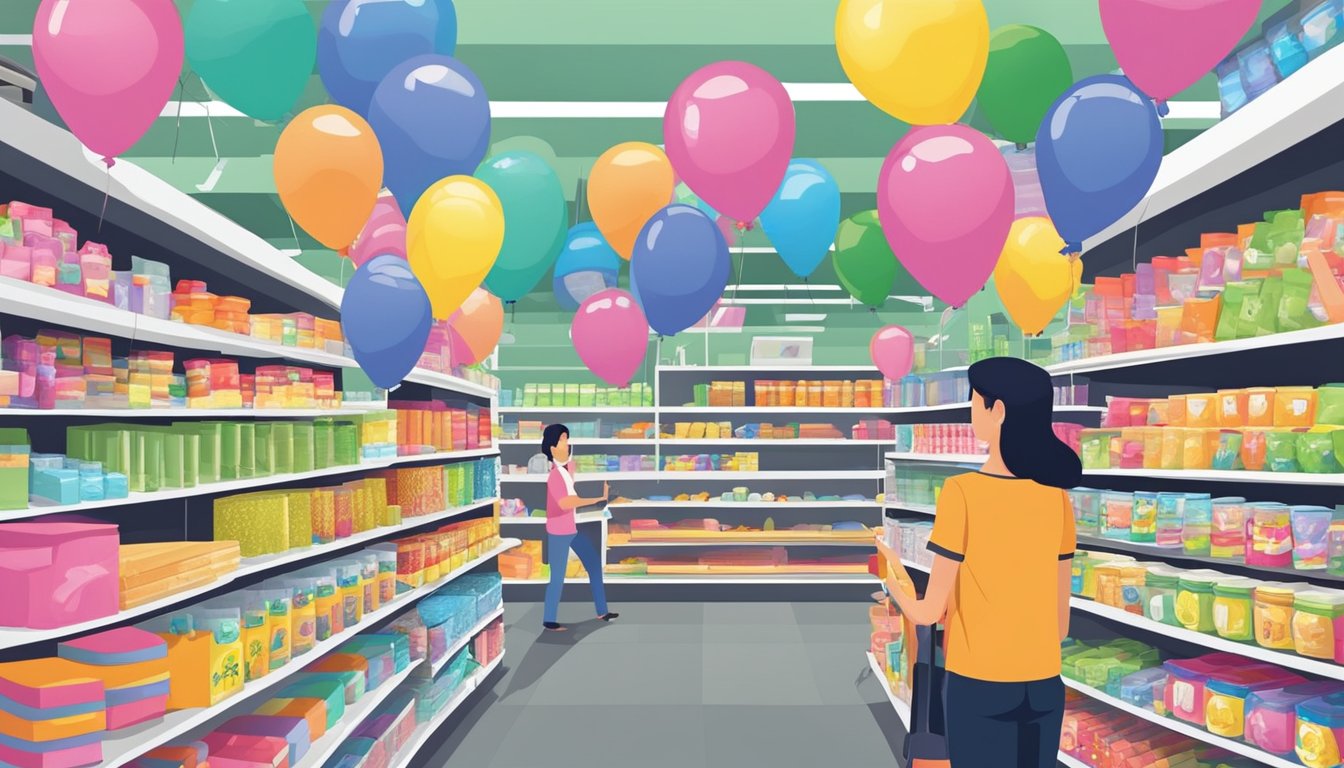 A bustling party supply store in Singapore, with shelves stocked full of colorful decorations and balloons, and a helpful staff member assisting a customer