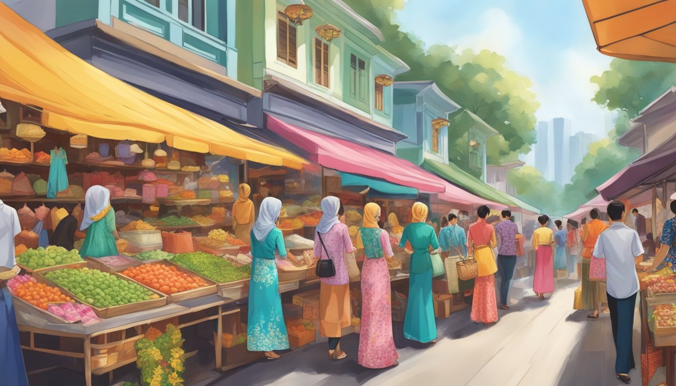 A bustling street market in Singapore showcases vibrant Peranakan kebaya displayed on mannequins and racks. Shoppers browse through the colorful traditional attire, surrounded by lively chatter and the aroma of local street food