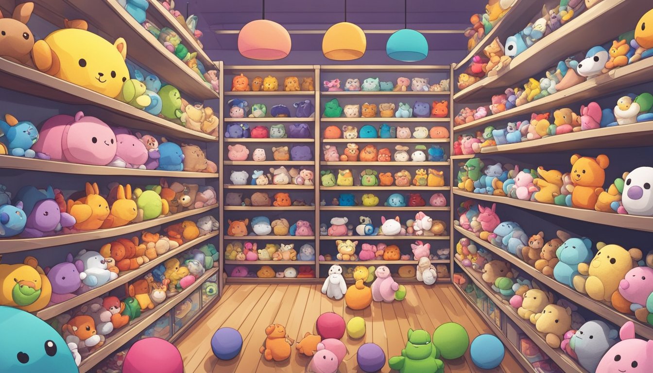 A colorful display of plushies fills the shelves at a toy store in Singapore, with various sizes and characters to choose from