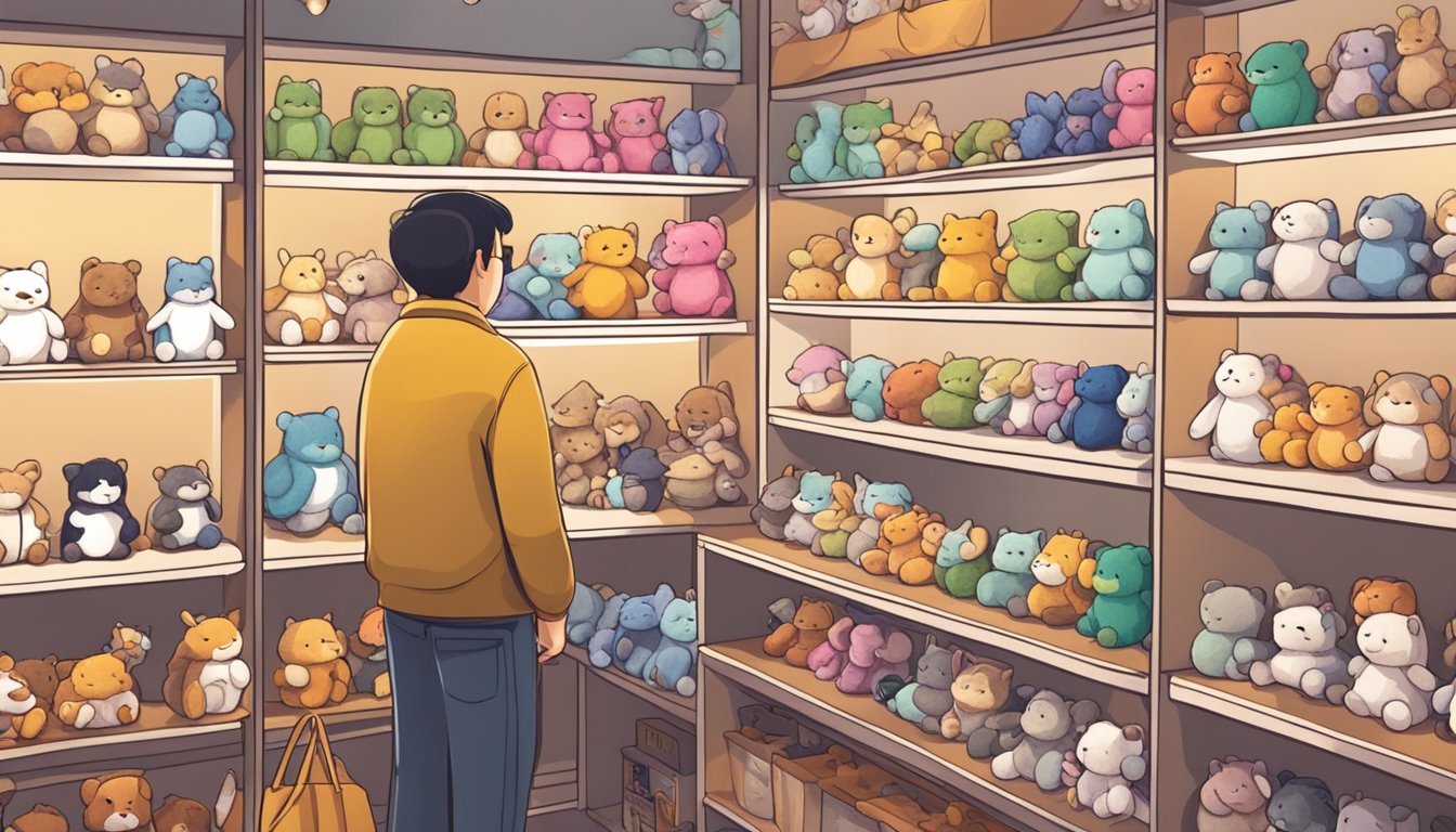 A customer carefully examines a variety of plushies on display at a cozy shop in Singapore, searching for the perfect one to purchase