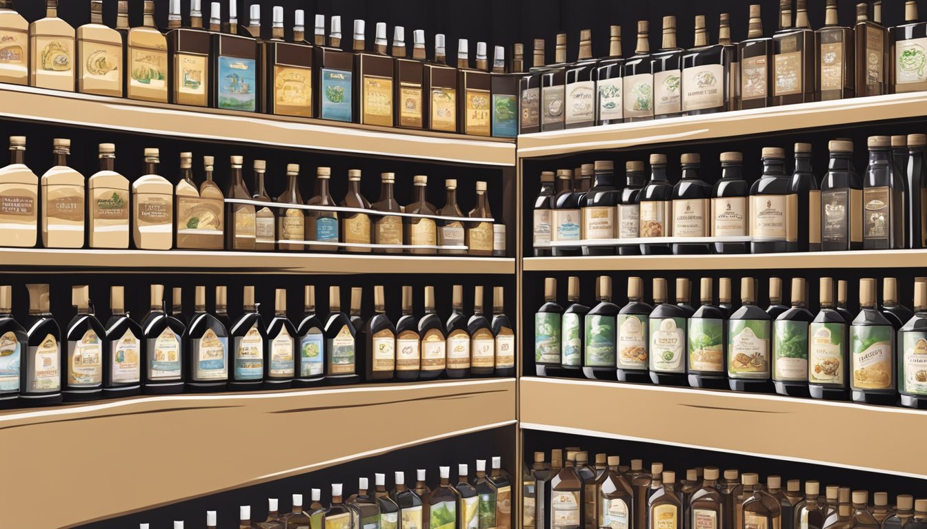 A shelf lined with bottles of pure vanilla extract in a specialty grocery store in Singapore