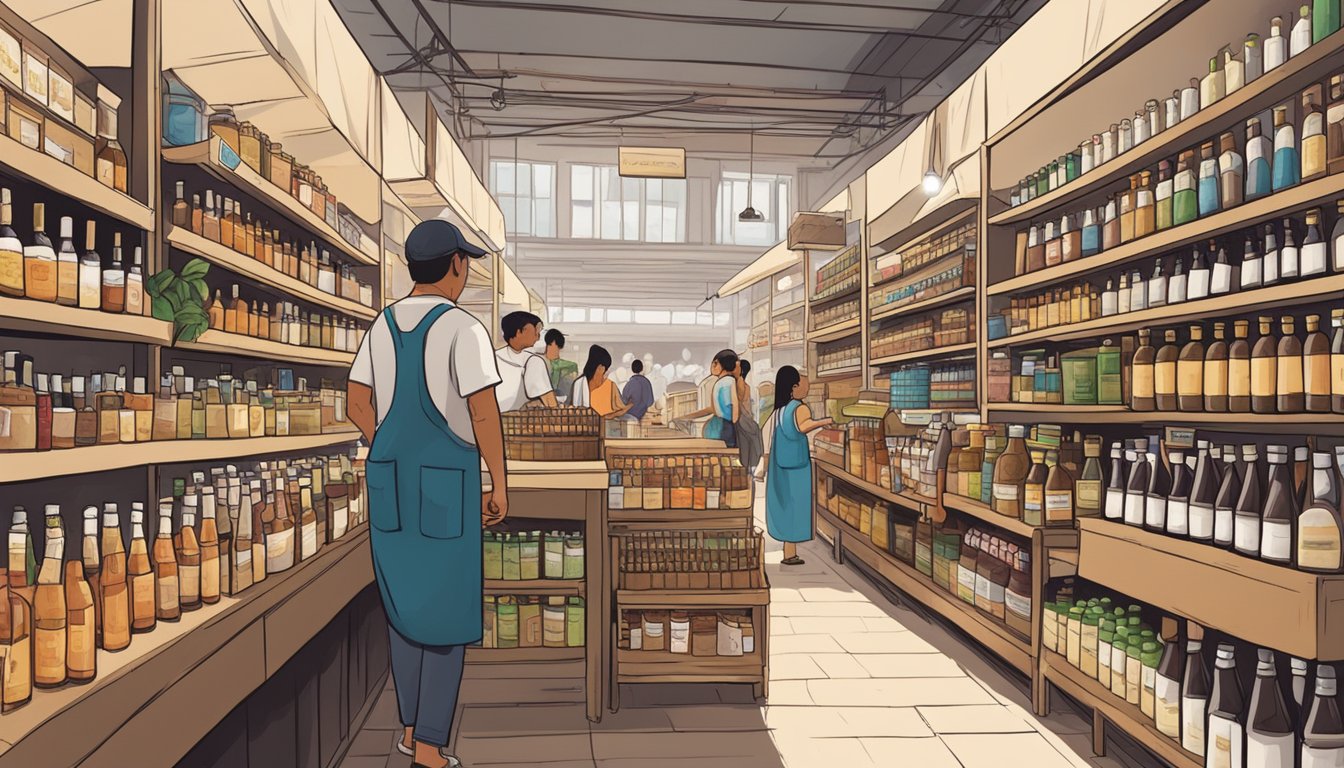 A bustling marketplace with shelves stocked with bottles of pure vanilla extract from various vendors in Singapore