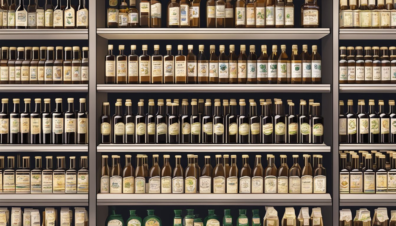 A display of pure vanilla extract bottles on a clean, well-lit shelf in a specialty grocery store in Singapore. A sign with usage and preservation tips is prominently placed near the bottles