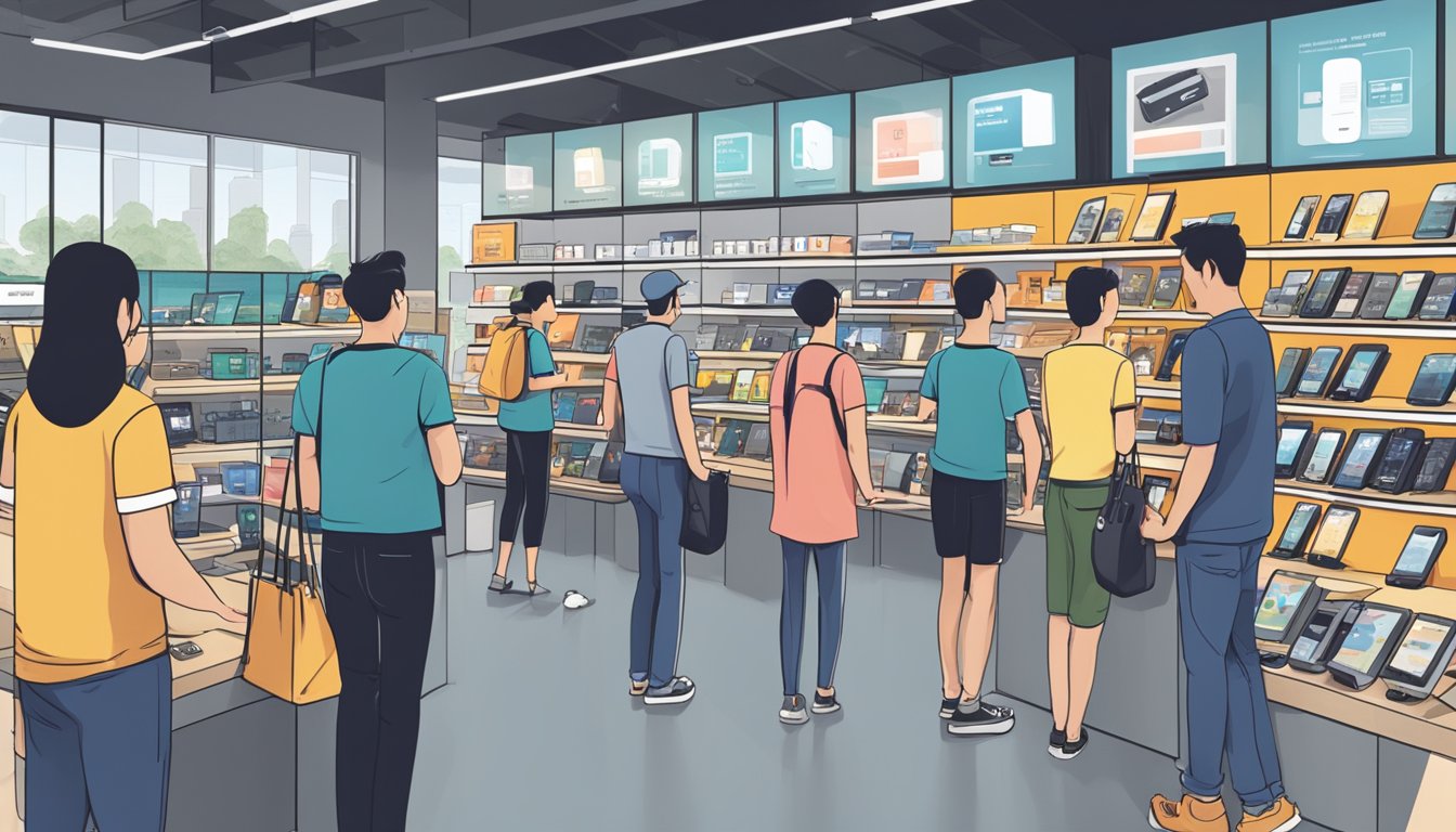 A bustling electronic store in Singapore displays shelves of Rhinoshield phone cases, with customers browsing and asking questions to the attentive staff